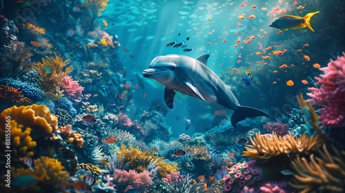 underwater scene of a dolphin swimming around a coral reef, with colorful fish and sea plants in the background