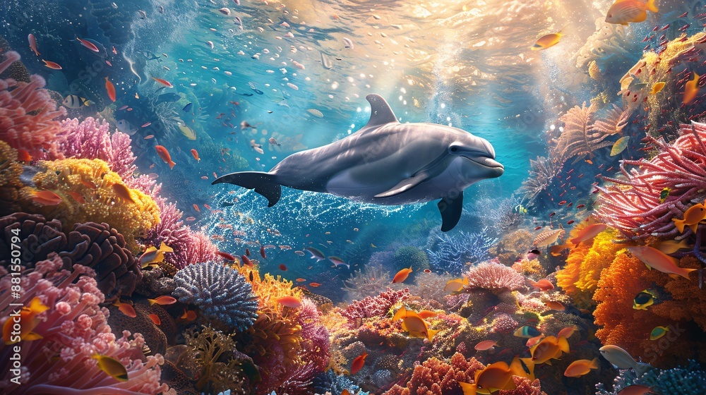 a dolphin gracefully swimming around a vibrant coral reef, surrounded by fish and sea plants a dolphin gracefully swimming around a vibrant coral reef, surrounded by fish and sea plants