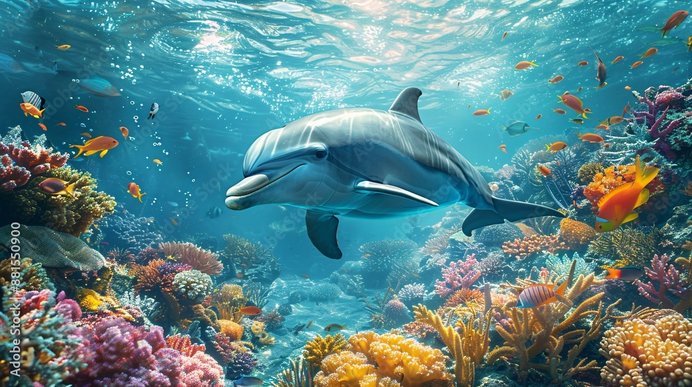 underwater view with a dolphin swimming near a coral reef, showcasing diverse fish and sea plants in the background. underwater view with a dolphin swimming near a coral reef, showcasing diverse fish and sea plants in the background.