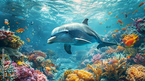 underwater view with a dolphin swimming near a coral reef, showcasing diverse fish and sea plants in the background.