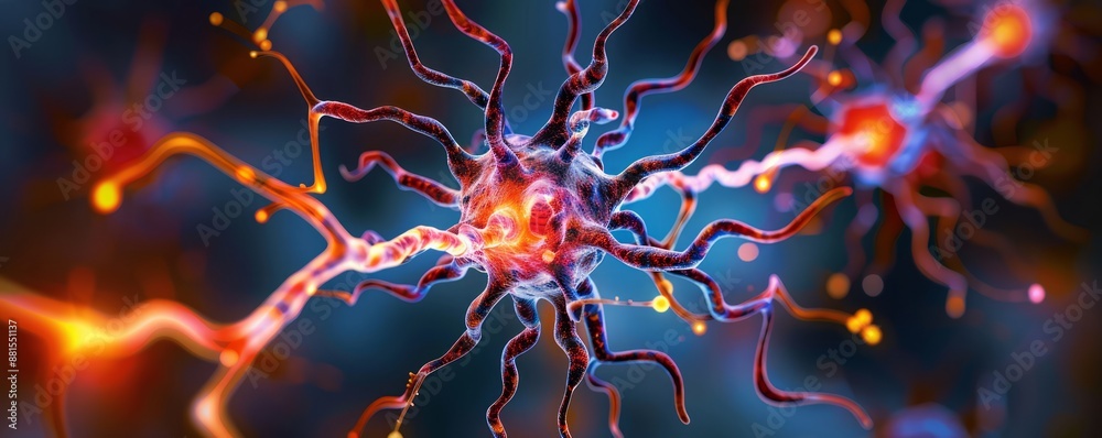 close-up of a neuron cell, highlighting its intricate dendrites and axon, with synaptic connections and neurotransmitter release, providing clear copy space for text close-up of a neuron cell, highlighting its intricate dendrites and axon, with synaptic connections and neurotransmitter release, providing clear copy space for text