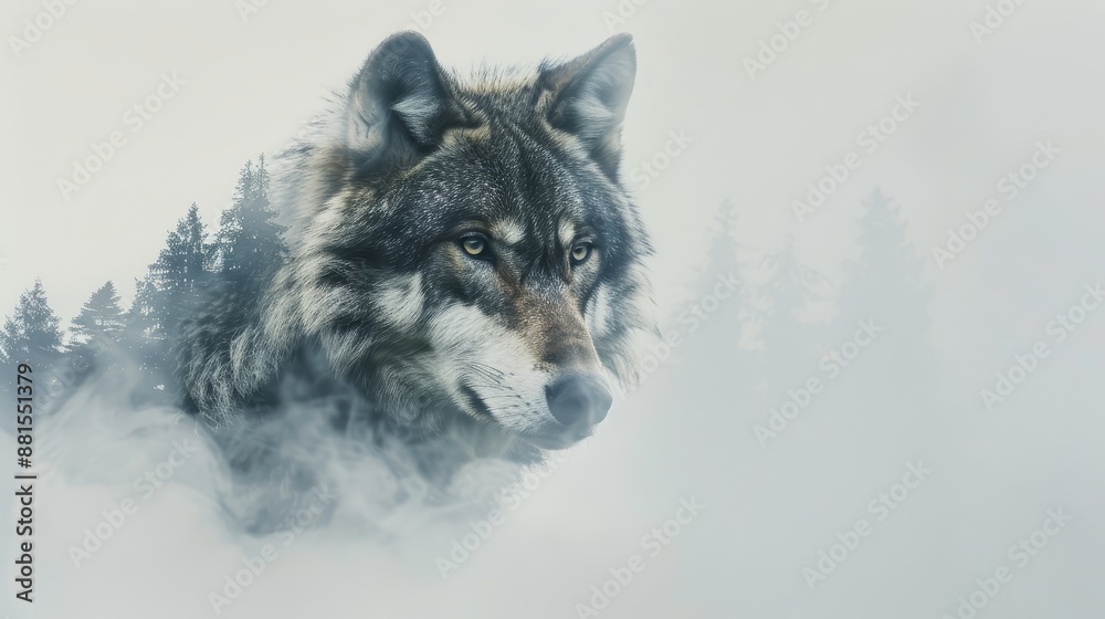 Fototapeta premium Wolf in the Mist - A wolf's face emerges from the mist, peering out from the depths of the forest. - A wolf's face emerges from the mist, peering out from the depths of the forest.