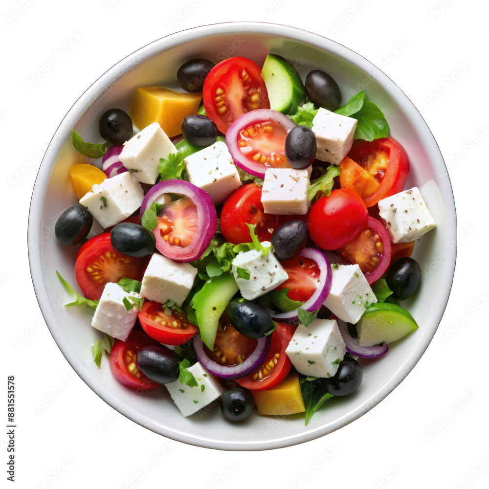 Greek salad on white bowl top view isolated on transparent background