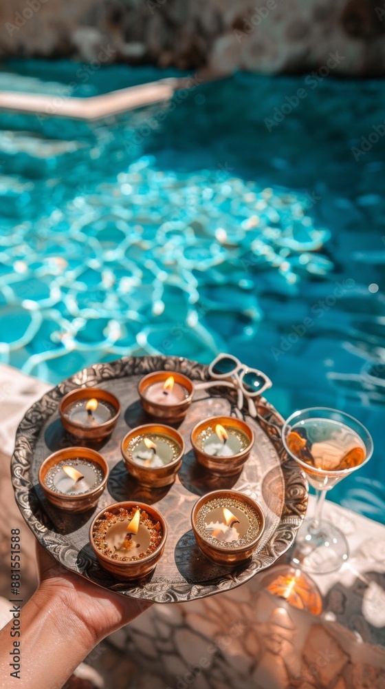 Fototapeta premium Celebrating Navaratri by the Pool Close-Up of Hand Holding Diya Tray with Sunglasses, Cocktail Glasses, and Serene Blue Water