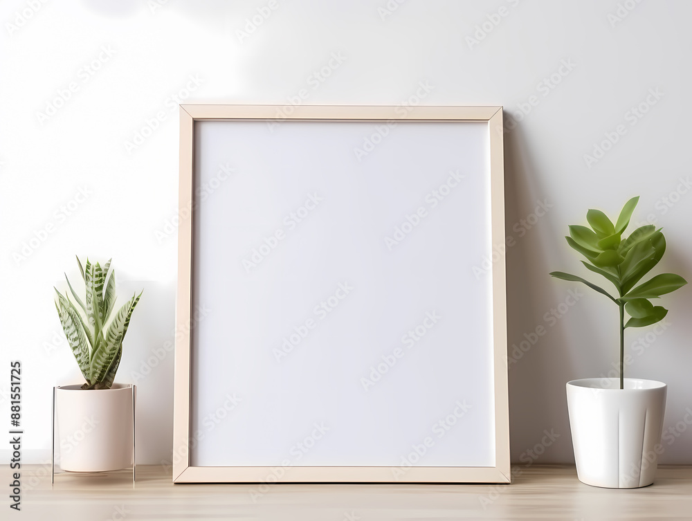 Minimalist frame with blank space between two stylish potted plants on a light wooden surface. Minimalist frame with blank space between two stylish potted plants on a light wooden surface.
