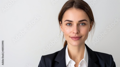 Professional portrait of a confident businesswoman dressed in a formal suit, smiling at the camera, suitable for corporate and business use.