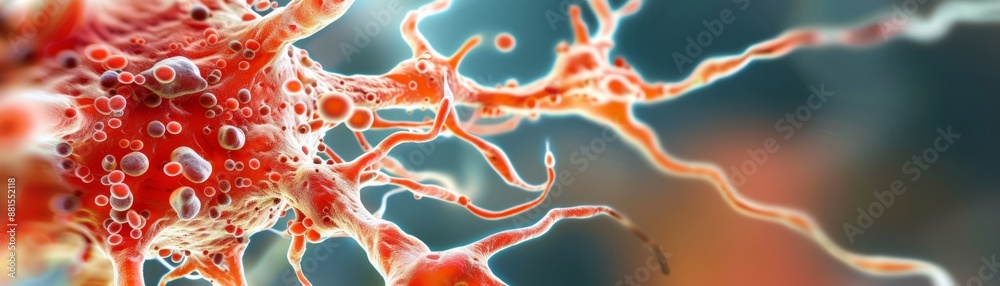 close-up of a melanocyte, focusing on its dendritic shape and melanin production, with detailed pigment granules, providing clear copy space for text close-up of a melanocyte, focusing on its dendritic shape and melanin production, with detailed pigment granules, providing clear copy space for text