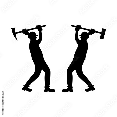 Silhouettes of two masons posed swinging sledge hammers and digging picks construction tool equipment in urban city streets, work tool for renovation of public or rural spaces, heavy duty tool