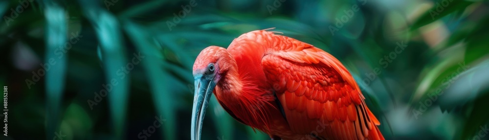 Obraz premium Close-up of a vibrant red ibis bird against a natural green background, showcasing the rich color and elegant form of the bird.