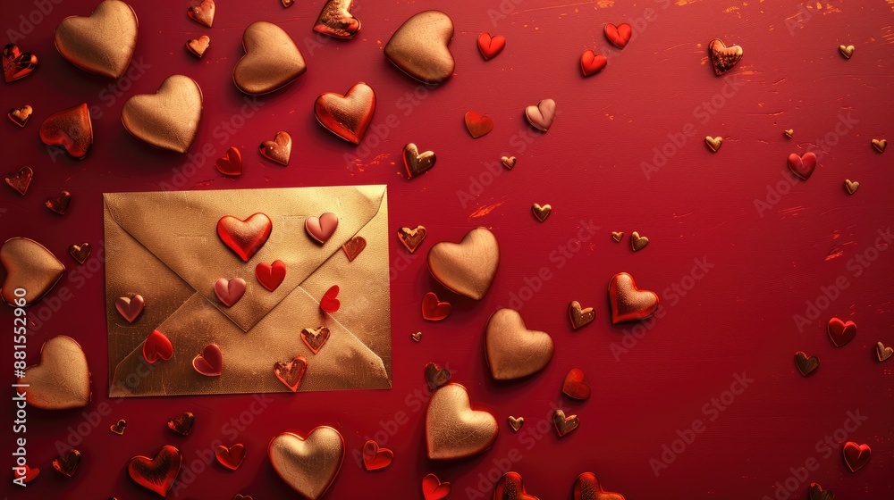 Romantic message in gold envelope on heart filled red backdrop Customize text space Romantic message in gold envelope on heart filled red backdrop Customize text space