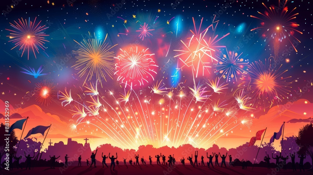 illustration of a vibrant celebration with a dazzling display of colorful fireworks lighting up the night sky, with flags waving and people cheering in the background, creating a joyful atmosphere, illustration of a vibrant celebration with a dazzling display of colorful fireworks lighting up the night sky, with flags waving and people cheering in the background, creating a joyful atmosphere,