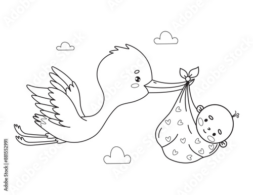 Cute flying stork in sky and newborn baby. Outline cartoon kawaii bird character. Line drawing, coloring book. Vector illustration. Kids collection