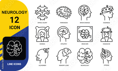 Neurology icons such as Alzheimer's disease, Parkinson, insomnia, epilepsy and more. Editable stroke.