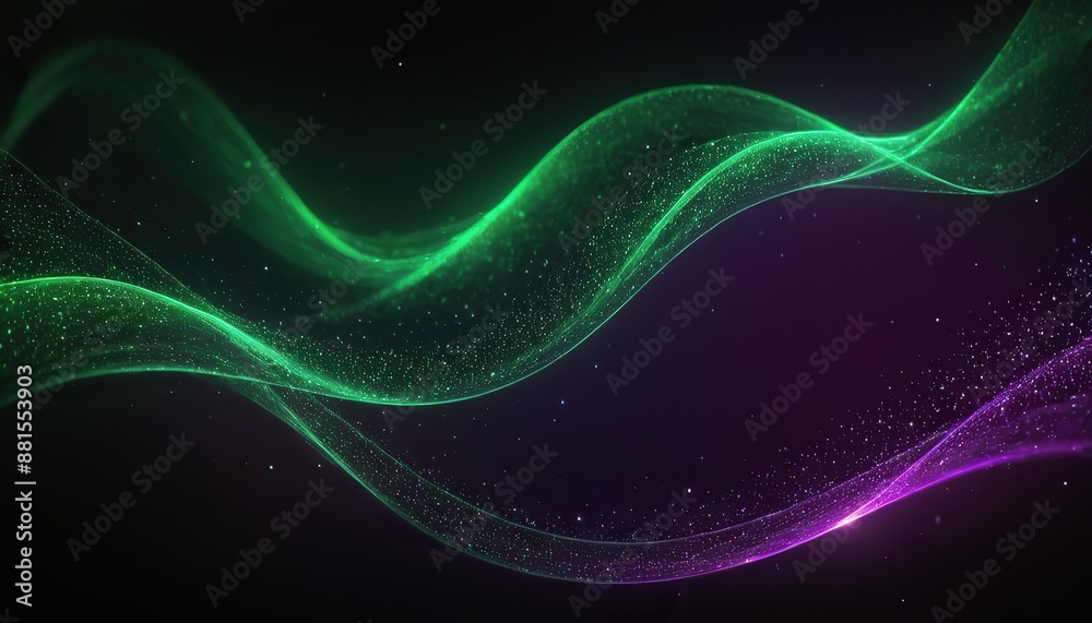 Obraz premium Digital purple and green particles wave and light abstract background with shining dots stars.159