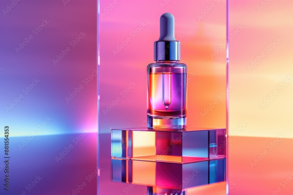 Futuristic Serum Bottle on Reflective Glass Stand with Clear Gradient Backdrop - High Contrast Digital Art Futuristic Serum Bottle on Reflective Glass Stand with Clear Gradient Backdrop - High Contrast Digital Art