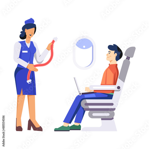 Air hostess telling airline safety rules, flat illustration 

