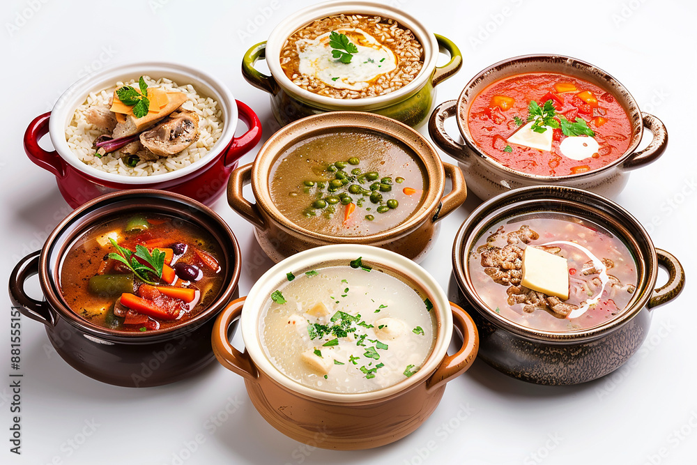 A variety of soup bowls, including chicken and rice, borscht with vegetables, wheat porridge, vegetable cheese soup, were photographed A variety of soup bowls, including chicken and rice, borscht with vegetables, wheat porridge, vegetable cheese soup, were photographed