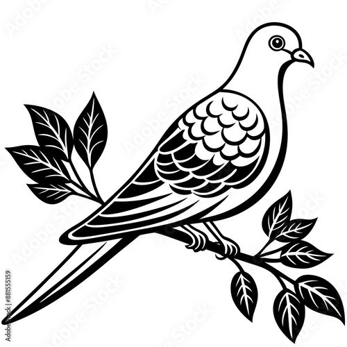Dove leaning on a branch in tree vector silhouette illustration 