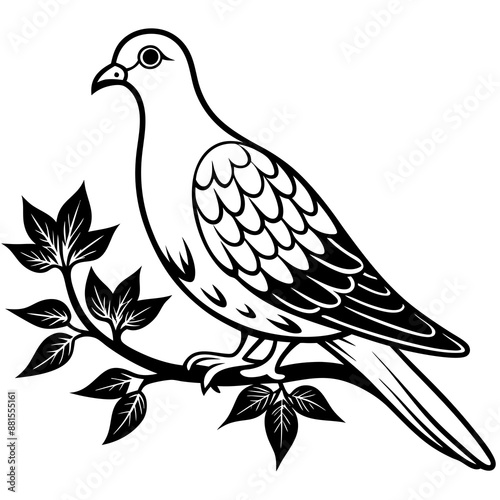 Dove leaning on a branch in tree vector silhouette illustration 