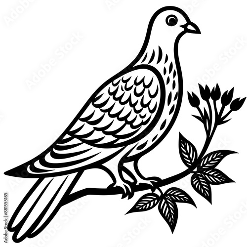 Dove leaning on a branch in tree vector silhouette illustration 