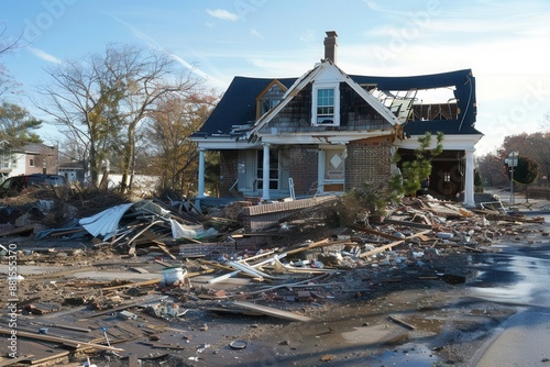 A partially destroyed house with debris scattered around, damaged by a natural disaster. Clear blue sky in the background.