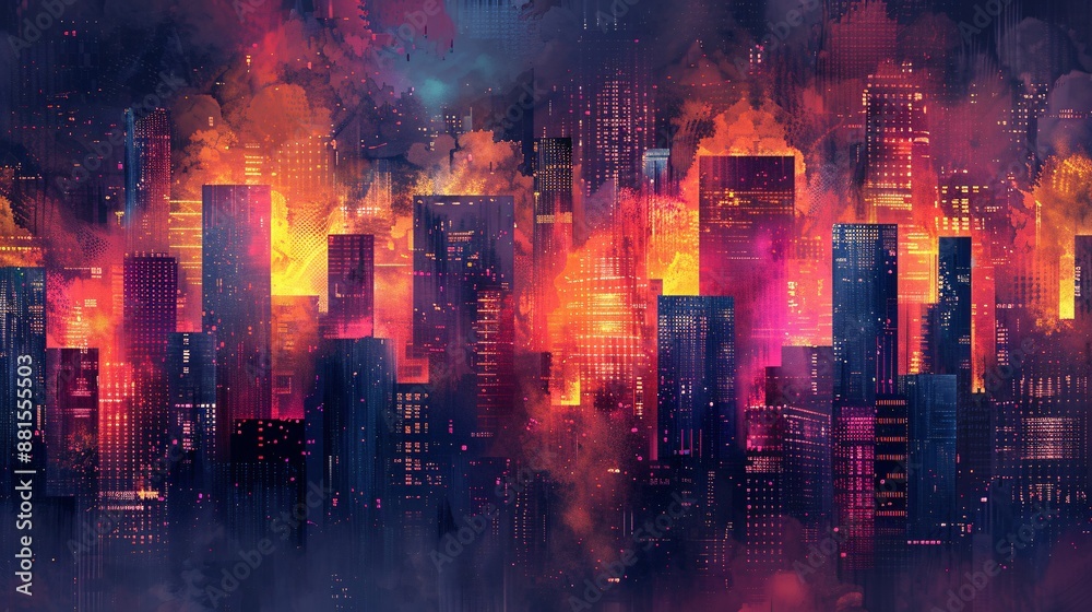 Abstract cityscape: vibrant blocks creating a dynamic urban skyline against a dark backdrop, perfect for modern city themes. Abstract cityscape: vibrant blocks creating a dynamic urban skyline against a dark backdrop, perfect for modern city themes.
