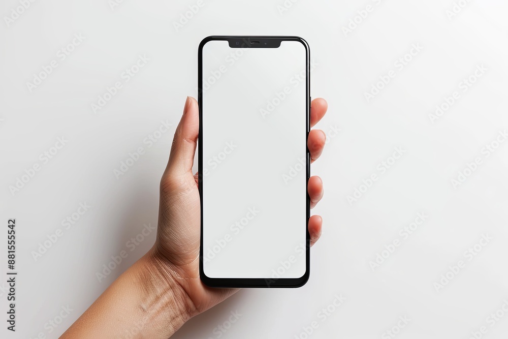 Smartphone mockup on hand with white blank screen created with Generative AI Smartphone mockup on hand with white blank screen created with Generative AI