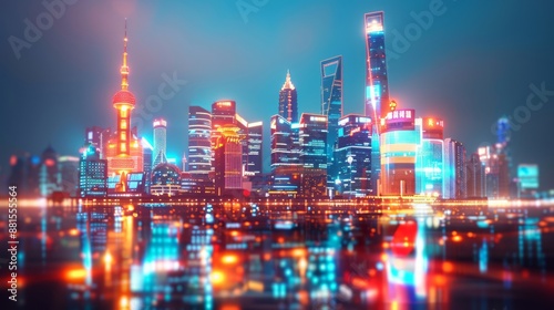 Wallpaper Mural Futuristic cityscape at night with illuminated smart buildings and digital screens, illustrating a connected urban environment and digital infrastructure advancements, providing ample copy space for Torontodigital.ca