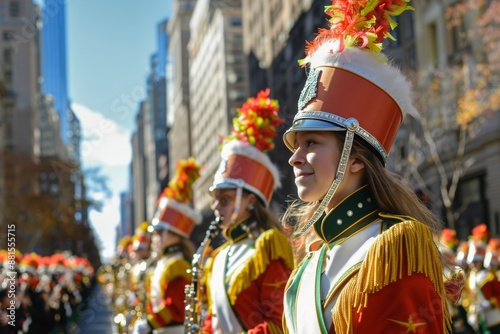 A Young Woman in a Marching Band Uniform Participates in a Parade Through New York City