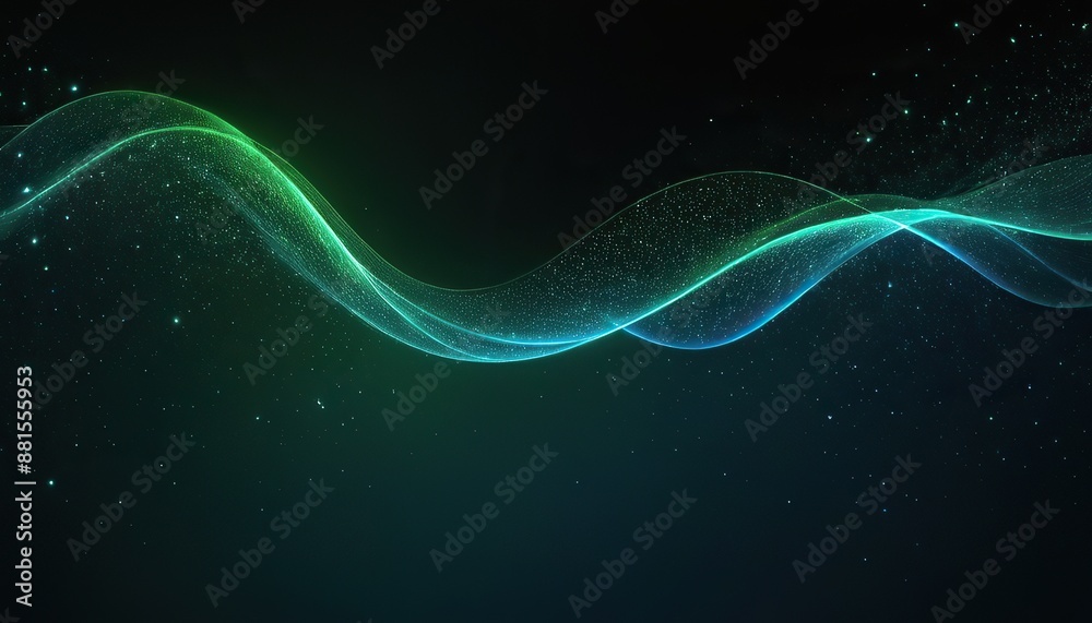 Digital blue and green particles wave and light abstract background with shining dots stars 156
