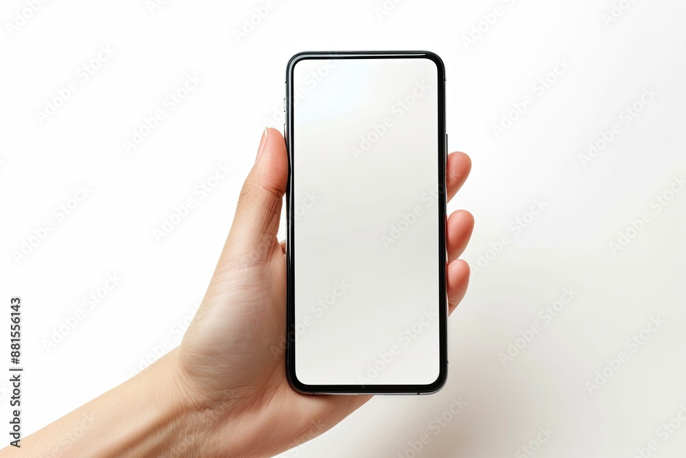 Smartphone mockup on hand with white blank screen created with Generative AI Smartphone mockup on hand with white blank screen created with Generative AI