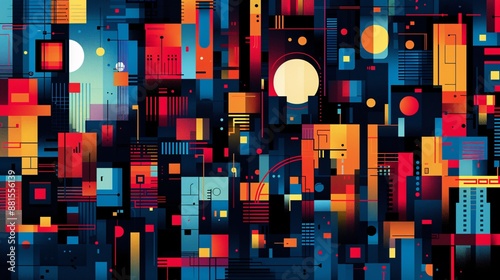Colorful city blocks: abstract urban landscape with bold shapes and hues on a dark background, ideal for contemporary designs