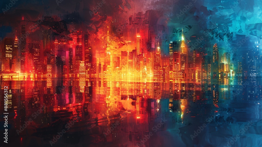 Dynamic city blocks: abstract interpretation of an urban skyline with vivid colors on a dark background, ideal for futuristic and city-themed designs. Dynamic city blocks: abstract interpretation of an urban skyline with vivid colors on a dark background, ideal for futuristic and city-themed designs.