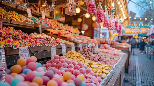 Candy market square with stalls of various sweets and candy decorations, with plenty of copy space. © Icygirl