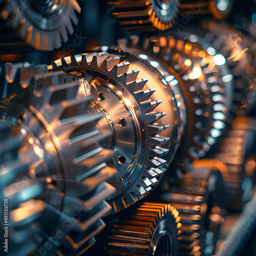 Close-up of industrial gears in a manufacturing setting, showcasing intricate design and engineering precision under warm lighting. © watcharee