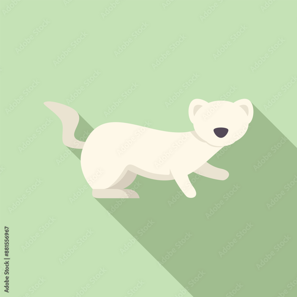 Minimalist flat design icon of a white ermine walking with a long shadow on a green background Minimalist flat design icon of a white ermine walking with a long shadow on a green background