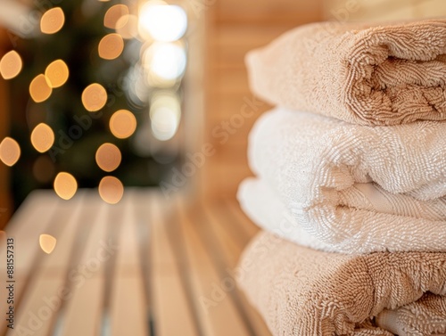 Cozy Sauna Ambiance with Stacked Fluffy Towels on Wooden Bench - Inviting Wellness and Relaxation Scene