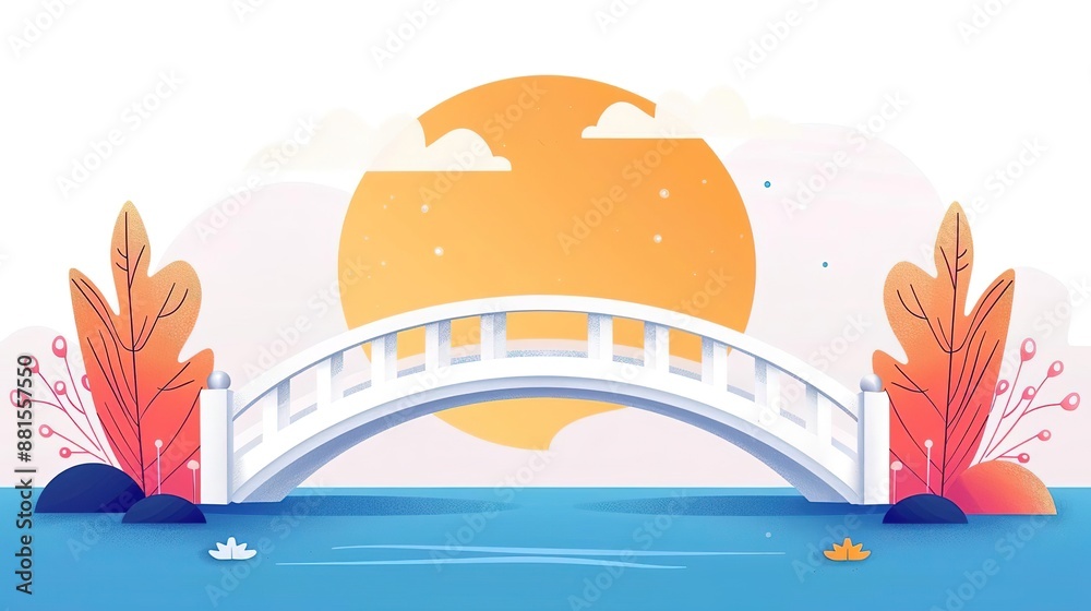 Naklejka premium Simple illustration of a white bridge over a lake at sunset.
