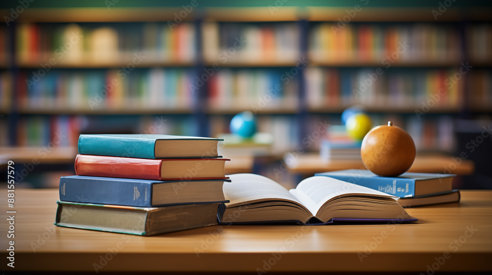 Education illustration, a stack of books on a desk, library background ~ Created using Generative AI Education illustration, a stack of books on a desk, library background ~ Created using Generative AI