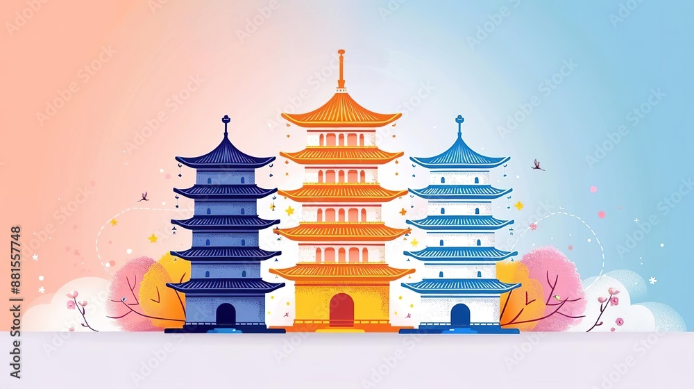Three colorful pagodas with cherry blossom trees, symbolizing peace and harmony. Three colorful pagodas with cherry blossom trees, symbolizing peace and harmony.