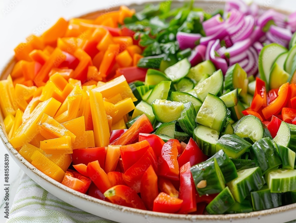 Freshly chopped vegetables arranged in a rainbow pattern on a white platter. Freshly chopped vegetables arranged in a rainbow pattern on a white platter.
