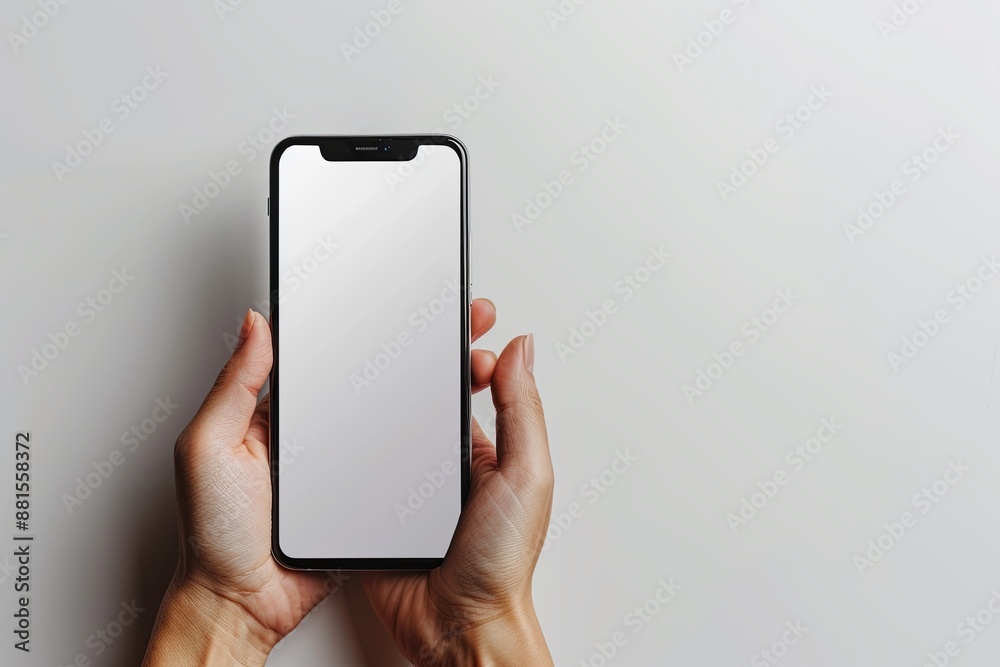 Smartphone mockup on hand with white blank screen created with Generative AI Smartphone mockup on hand with white blank screen created with Generative AI