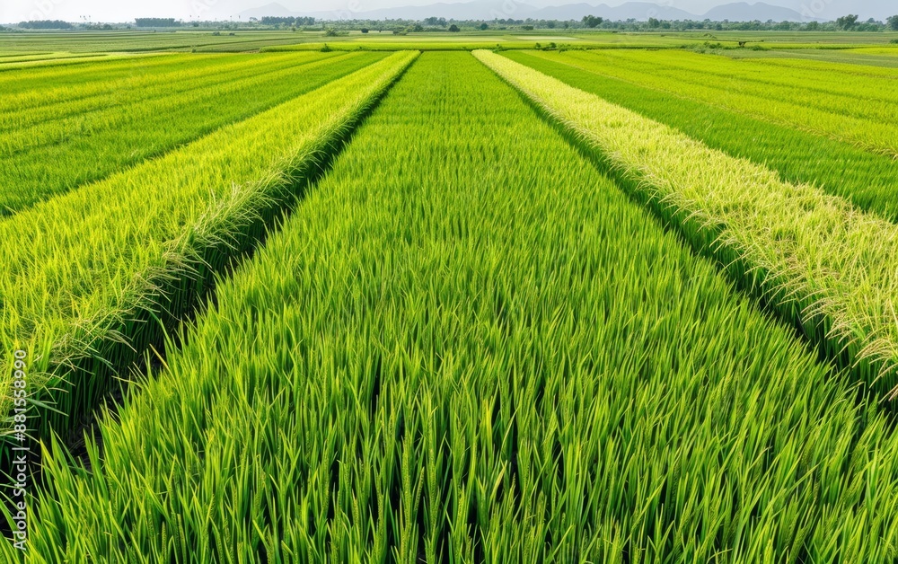 Obraz premium Vibrant photo of paddies during different growth stages, from planting to harvest, Paddies, Growth stages