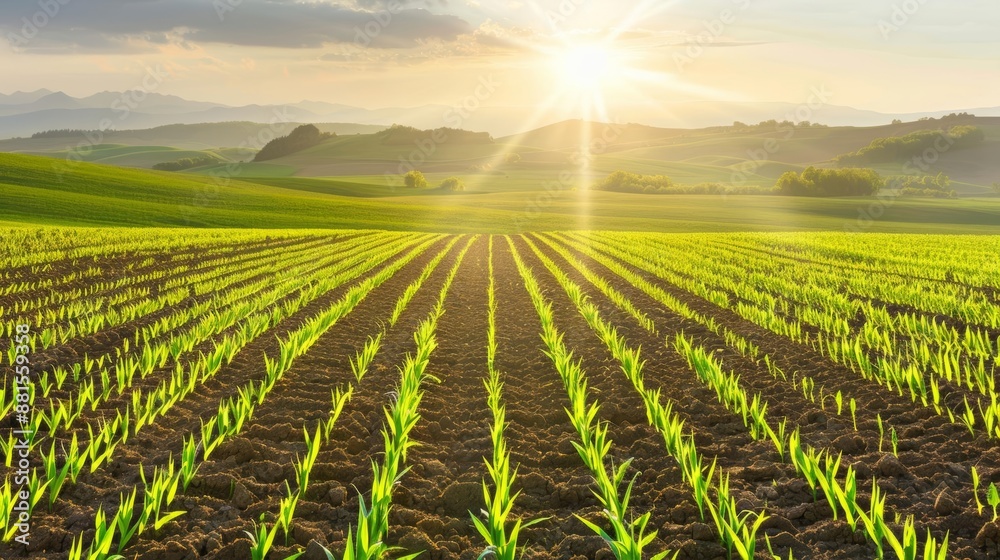 Sunrise over a field of young green crops.
