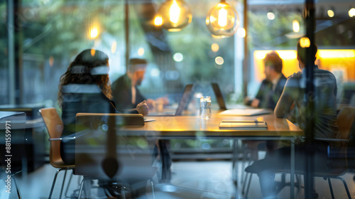 Dehaze office meeting. Beautifully blurred background of bright contemporary office space with panoramic windows stunning lighting. Business office with blurred people formal wear, with blurred bokeh