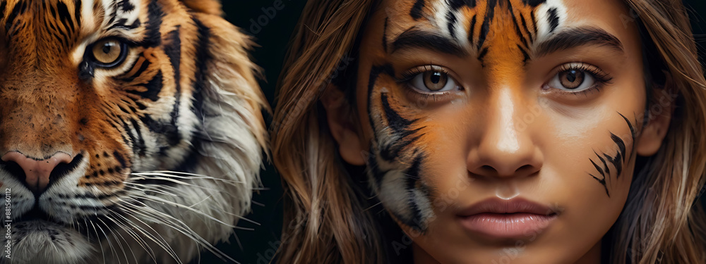 Closeup Portrait of face of half woman and half tiger merged in together with high details, brave girl or human tiger concept, anime style Closeup Portrait of face of half woman and half tiger merged in together with high details, brave girl or human tiger concept, anime style