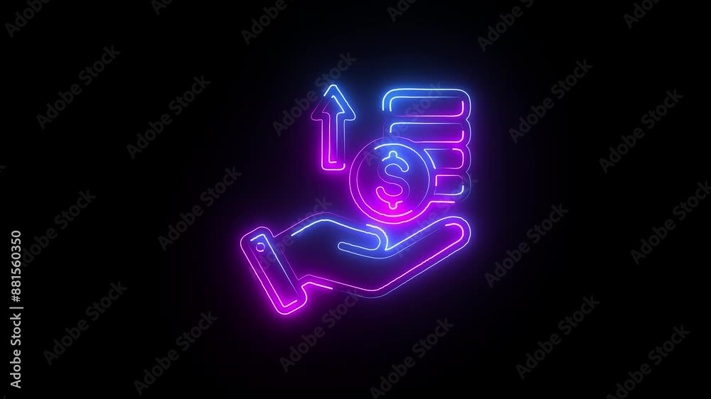 Glowing neon line Dollar Sign in hand icon concept on black background. investment, growth business, profit, Money, profit, finance success concept. Glowing neon line Dollar Sign in hand icon concept on black background. investment, growth business, profit, Money, profit, finance success concept.
