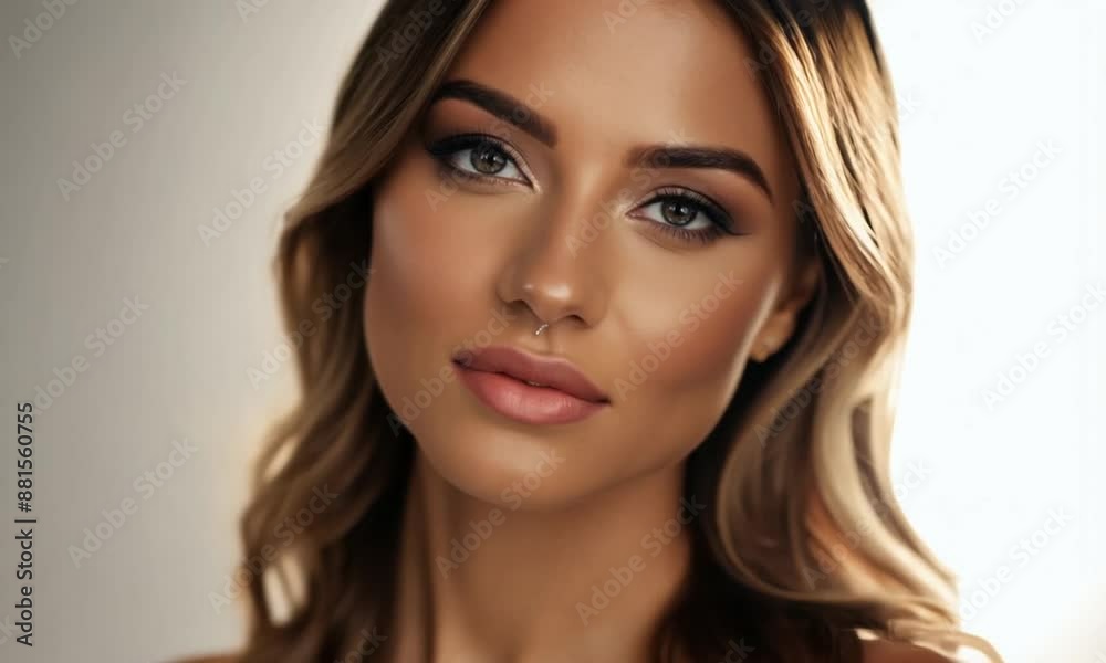 A close-up view of a pleased woman is looking to the camera standing isolated over grey wall in the studio A close-up view of a pleased woman is looking to the camera standing isolated over grey wall in the studio