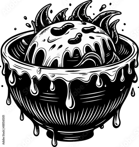 Monochrome Surreal Melting Ice Cream with Tentacles in Bowl Black and White Line Art