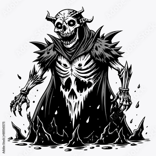 Grim Reaper Skeleton Emerging from Dark Shadows   Spooky Black and White Illustration